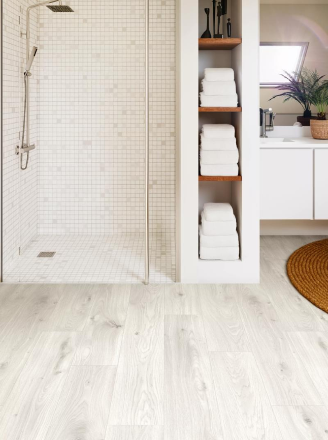 A bright , modern laminate floor in a shower room